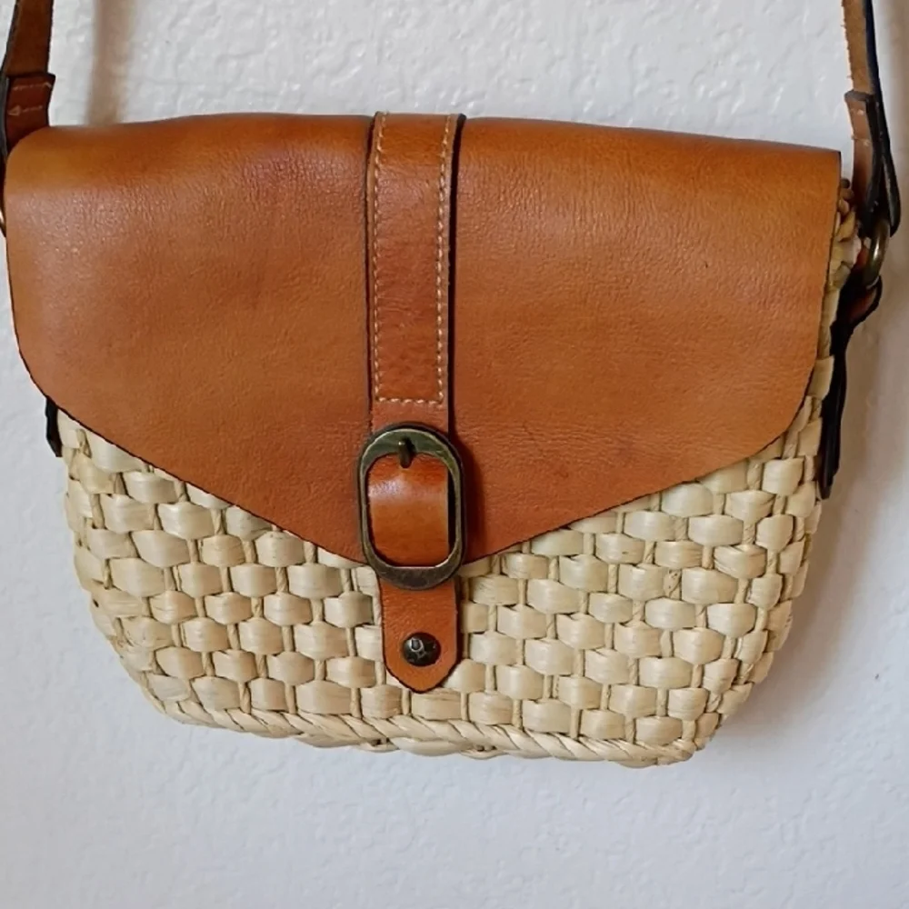 Patricia Nash Tan and Cream Leather And Straw Woven Crossbody Bag